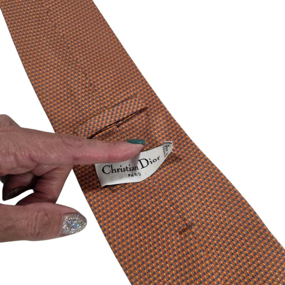 Christian Dior Men Necktie Orange Micro Dot Silk Handmade Floral Designer Formal